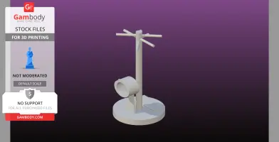 A 3D-printed jewelry stand with a circular base and slider compartments on a purple background.