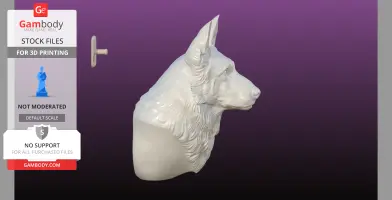 3D printed bust of a German Shepherd with a 30mm wall hook, displayed on a purple background.