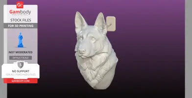 A 3D printable German Shepherd wall-mounted bust with a 30mm hook on a purple background.