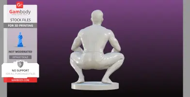 A 3D model of a muscular figure performing a squat, viewed from behind, on a circular base.