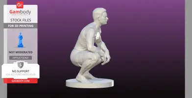 A 3D printed male figure in a squatting position, wearing athletic attire, on a circular base.