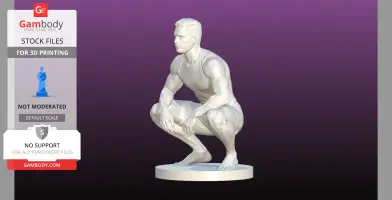 A 3D model of a muscular man squatting, wearing a tank top and shorts, on a round base.