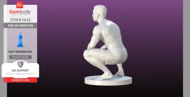 A sculpture of a man squatting, detailed musculature, on a round base, meant for 3D printing.