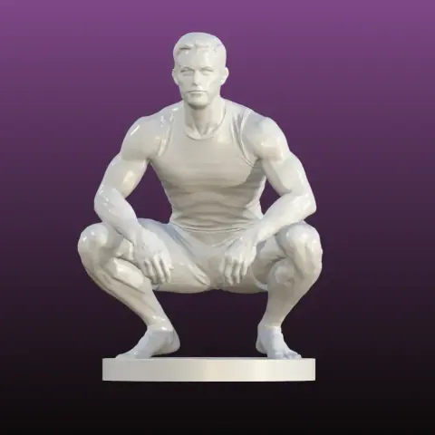 A muscular male figure squatting in athletic attire, displayed on a circular base.