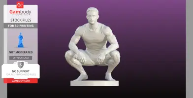 A muscular man squatting, wearing a tank top and shorts, sculpted in a 3D printable model.
