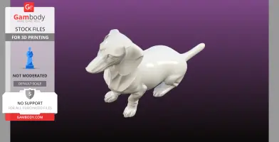 3D model of a dachshund dog, ideal for 3D printing, with a glossy finish on a purple background.