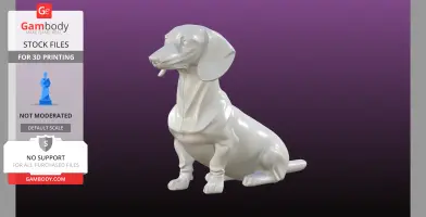 3D model of a sitting dachshund dog, designed for 3D printing, shown on a purple background.