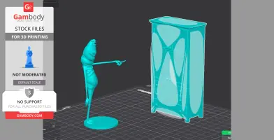 A worm-like figure pointing at a tall, decorative cabinet on a digital 3D printing platform.
