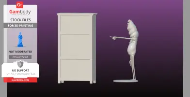 A worm-like figure pointing at a tall cabinet, both are 3D models for printing.