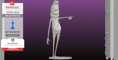 Tall, slender worm-like character on base pointing, with a cabinet partially visible on the side.