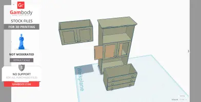 3D model of a cabinet and drawer set for 3D printing, with parts disassembled.
