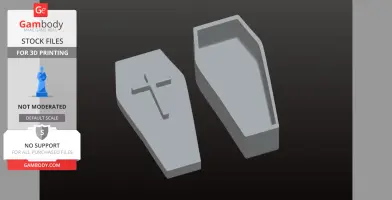 3D model of a coffin-shaped jewelry box with a cross on the lid, designed for 3D printing.