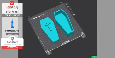 Two-part 3D model of a coffin-shaped jewelry box with a cross design, displayed on a grid.