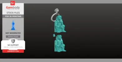 A 3D model of a seated mummy-like figure with a detachable keyring head, designed for 3D printing.