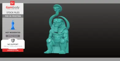 A muscular, futuristic sphinx figure with a snake forming a halo, sitting on a throne.