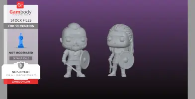 Chibi-style figures of a warrior couple with shields and swords, ready for 3D printing.