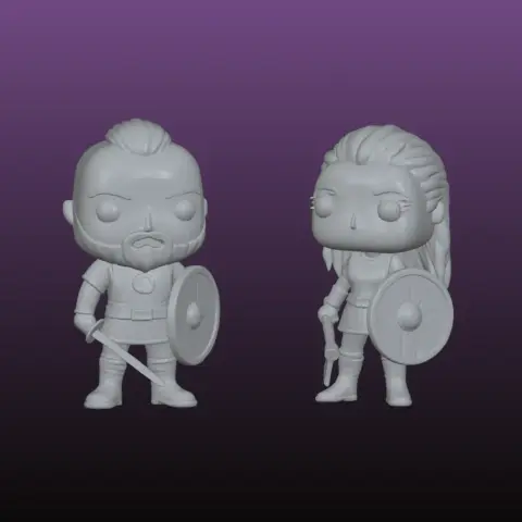 Two stylized warrior figures with shields and swords, in a chibi-like style, ready for 3D printing.