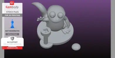 A cute, cartoonish lizard figure with large eyes on a circular base, holding a key-like object.
