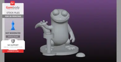 A cartoon-like lizard figurine with large eyes, on a base with a stand and button-like feature.