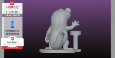 Gray 3D model of a chubby, cartoonish lizard waving, standing on a round base.