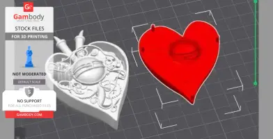Intricate heart-shaped clockwork design for 3D printing, includes mechanical gears and a smooth backside.