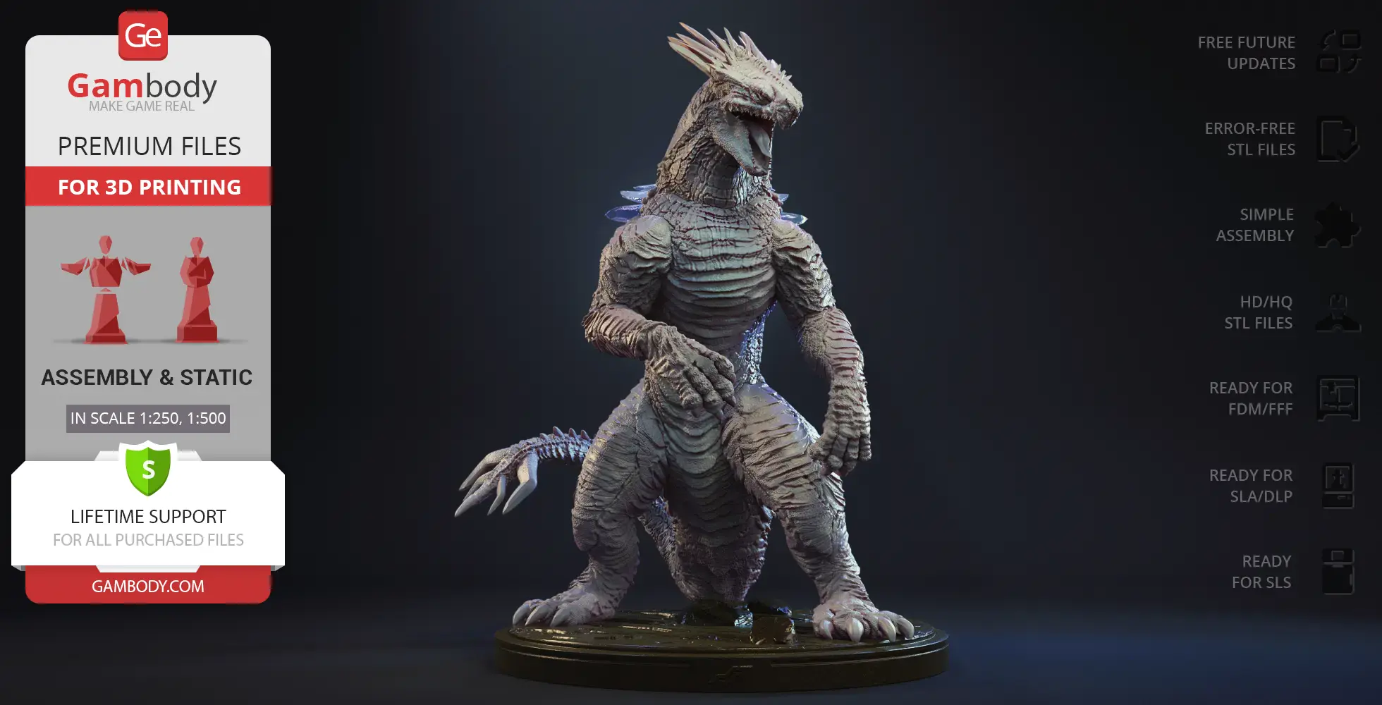 A detailed 3D model of a kaiju creature with spiky scales, posed on a display base.