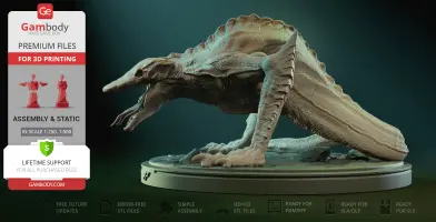 A detailed 3D model of a Skullcrawler creature poised on a circular base, ready for 3D printing.