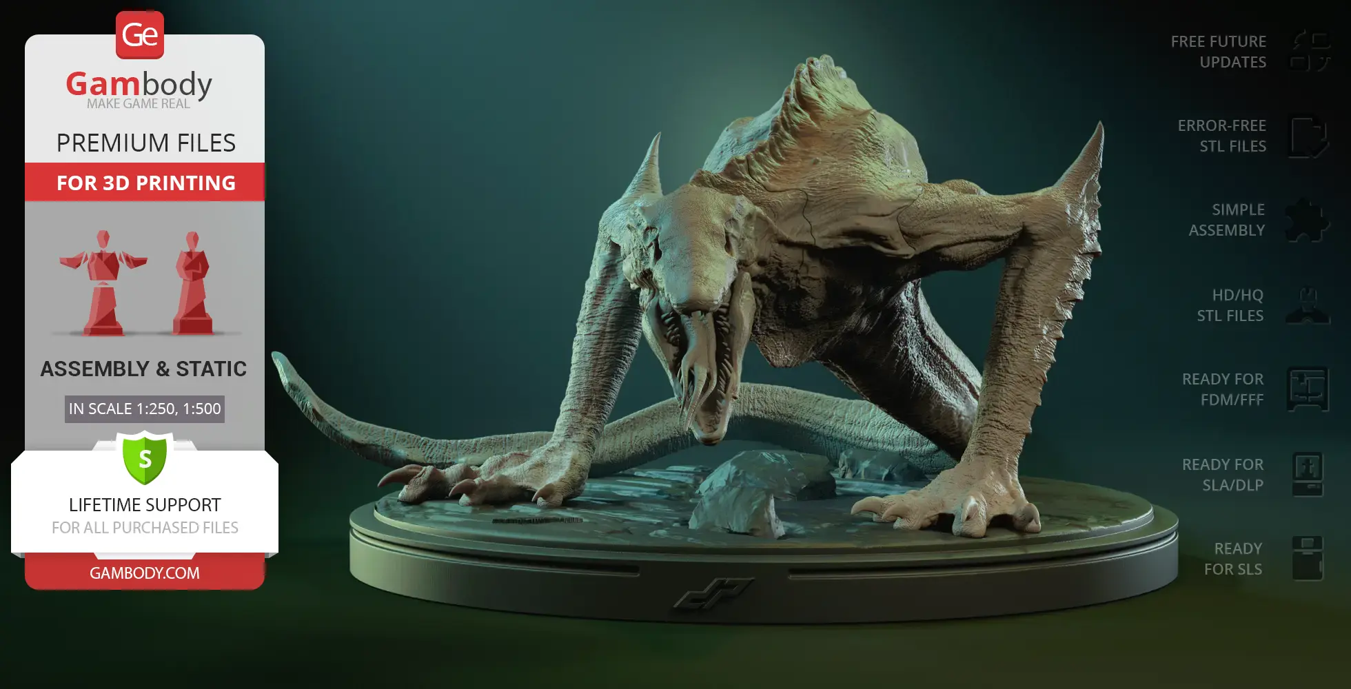 A detailed 3D model of a Skullcrawler creature, poised on a display base, for 3D printing.