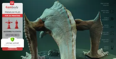 A detailed 3D model of a Skullcrawler, viewed from behind, on a rocky base for 3D printing.