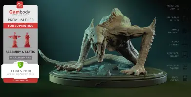 A detailed 3D model of a Skullcrawler creature, poised on a display base, for 3D printing.