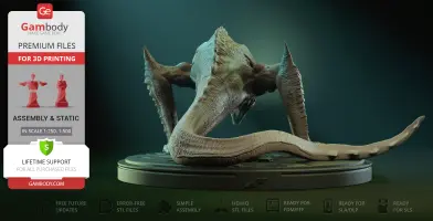 A 3D model of a horned, reptilian creature with a long tail, designed for 3D printing.
