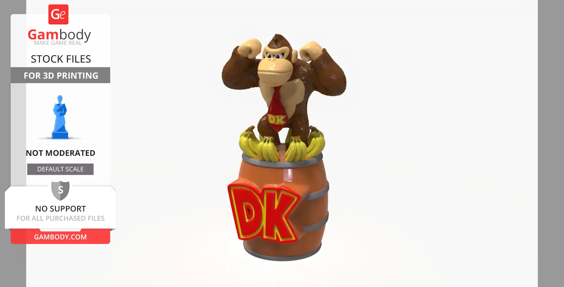 Cartoon gorilla wearing a tie stands on a banana-filled barrel labeled 'DK'.