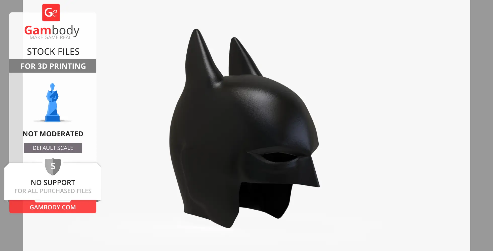 Black hero cowl helmet with pointed ears, designed for 3D printing.
