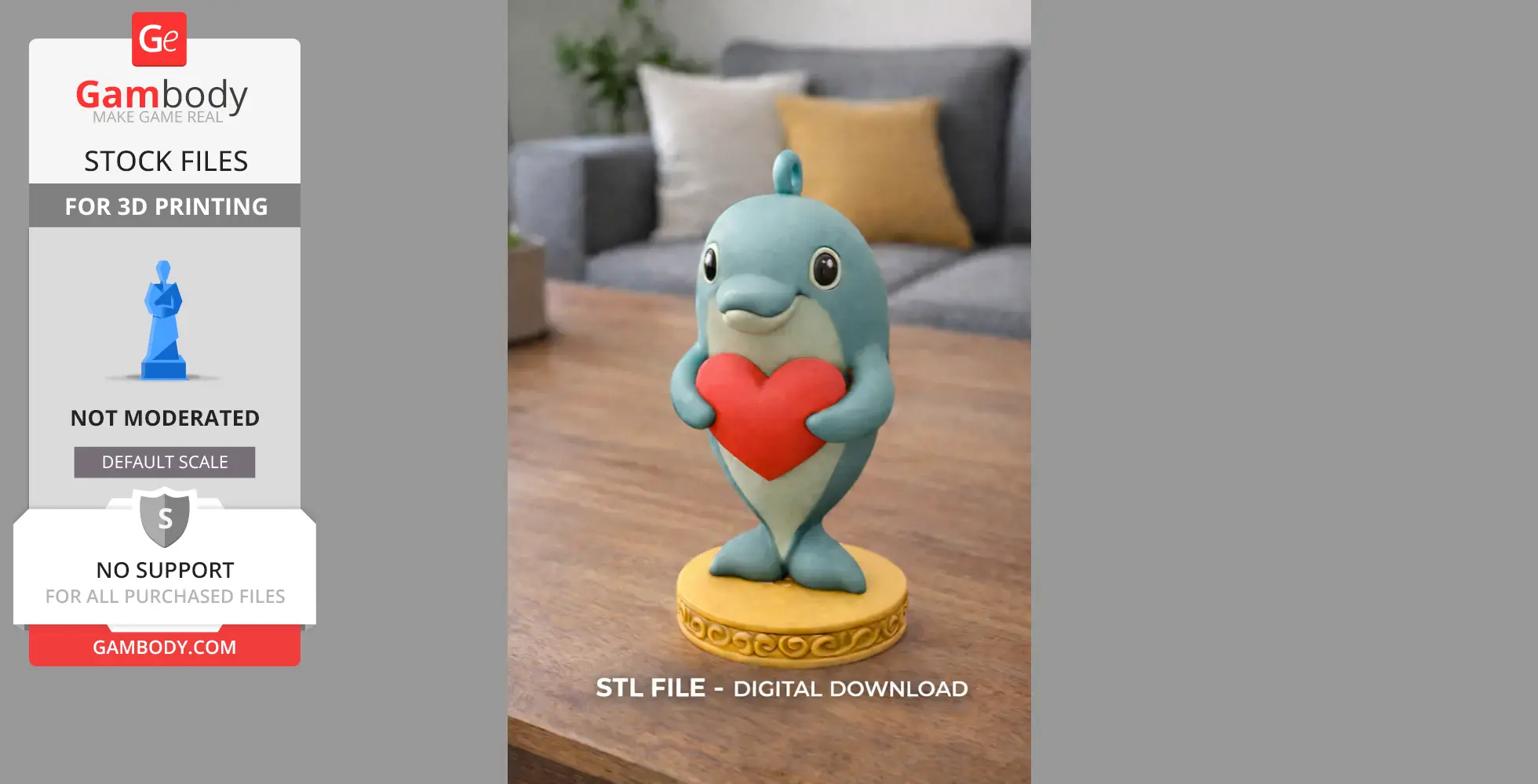 Cartoon dolphin holding a red heart, standing on a decorative yellow base.