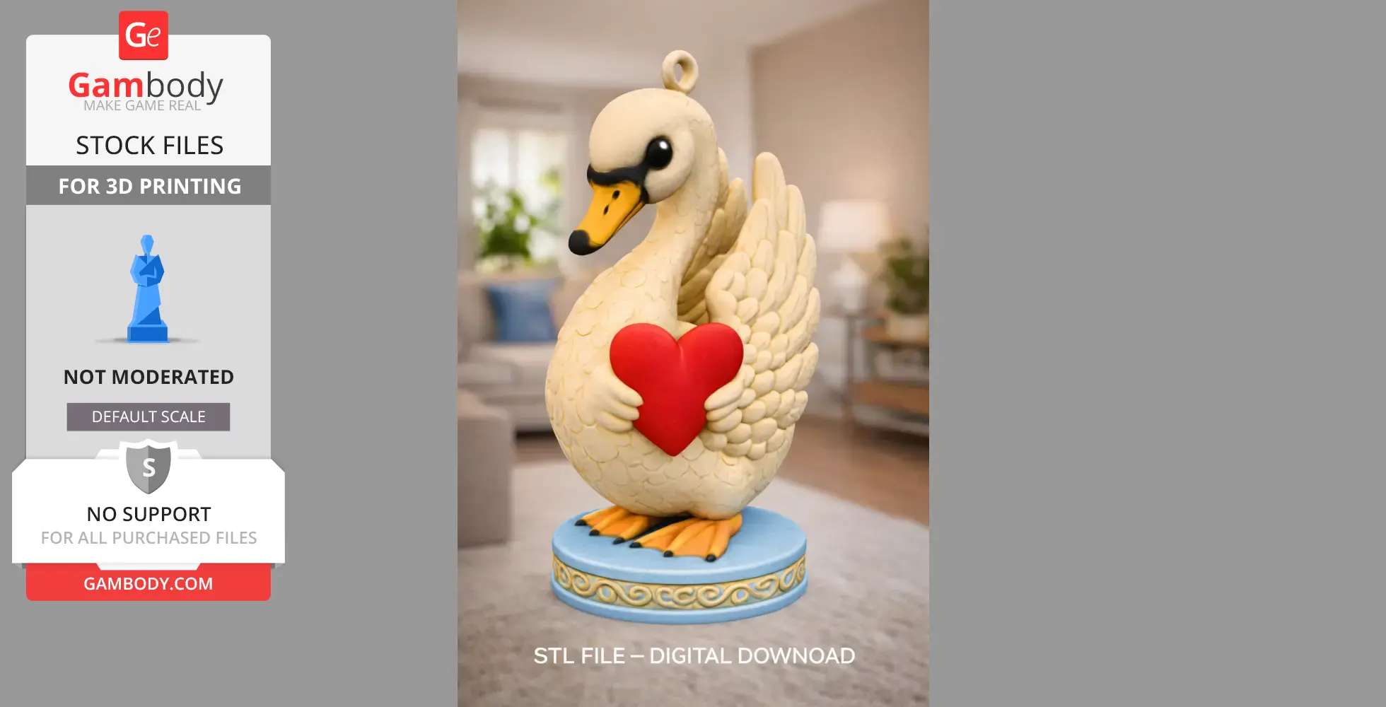 A 3D model of a swan holding a red heart, standing on a decorative blue base.