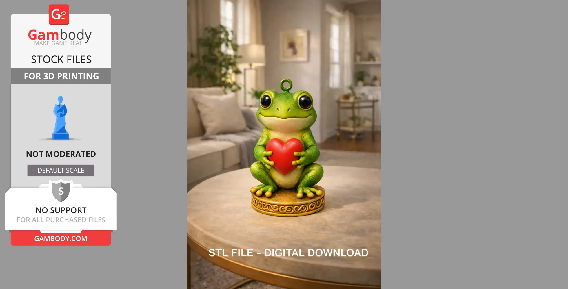 A cute green frog holding a red heart, sitting on a decorative base.