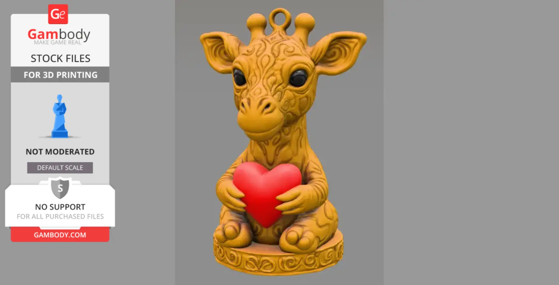 Cute giraffe figurine holding a red heart, designed for 3D printing, with a decorative base.