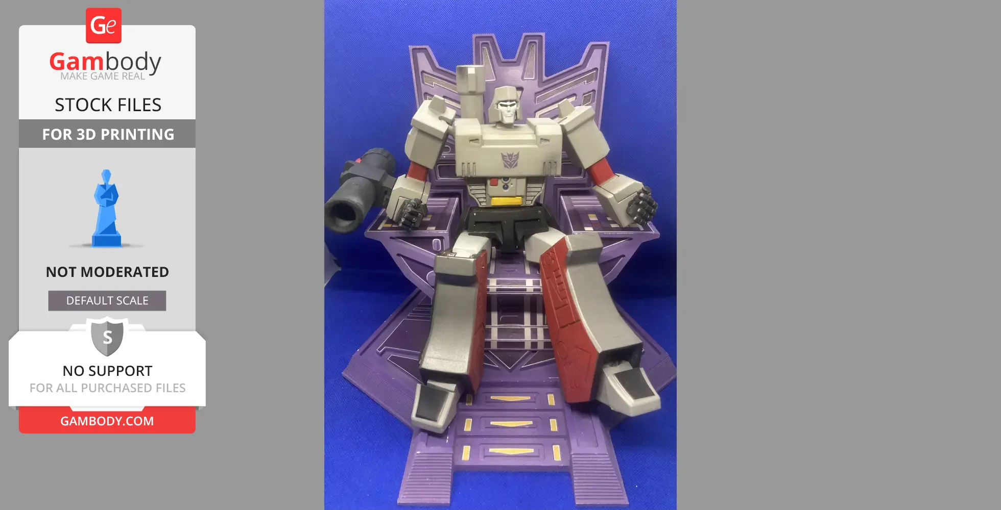 A 3D-printed model of a robotic figure sitting on a throne, featuring blocky limbs and a fusion cannon arm.