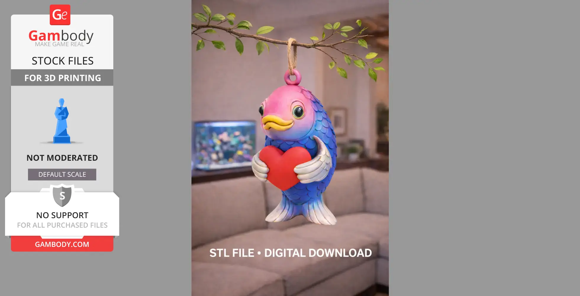 A cute colorful fish holding a red heart, hanging from a branch with a loop.