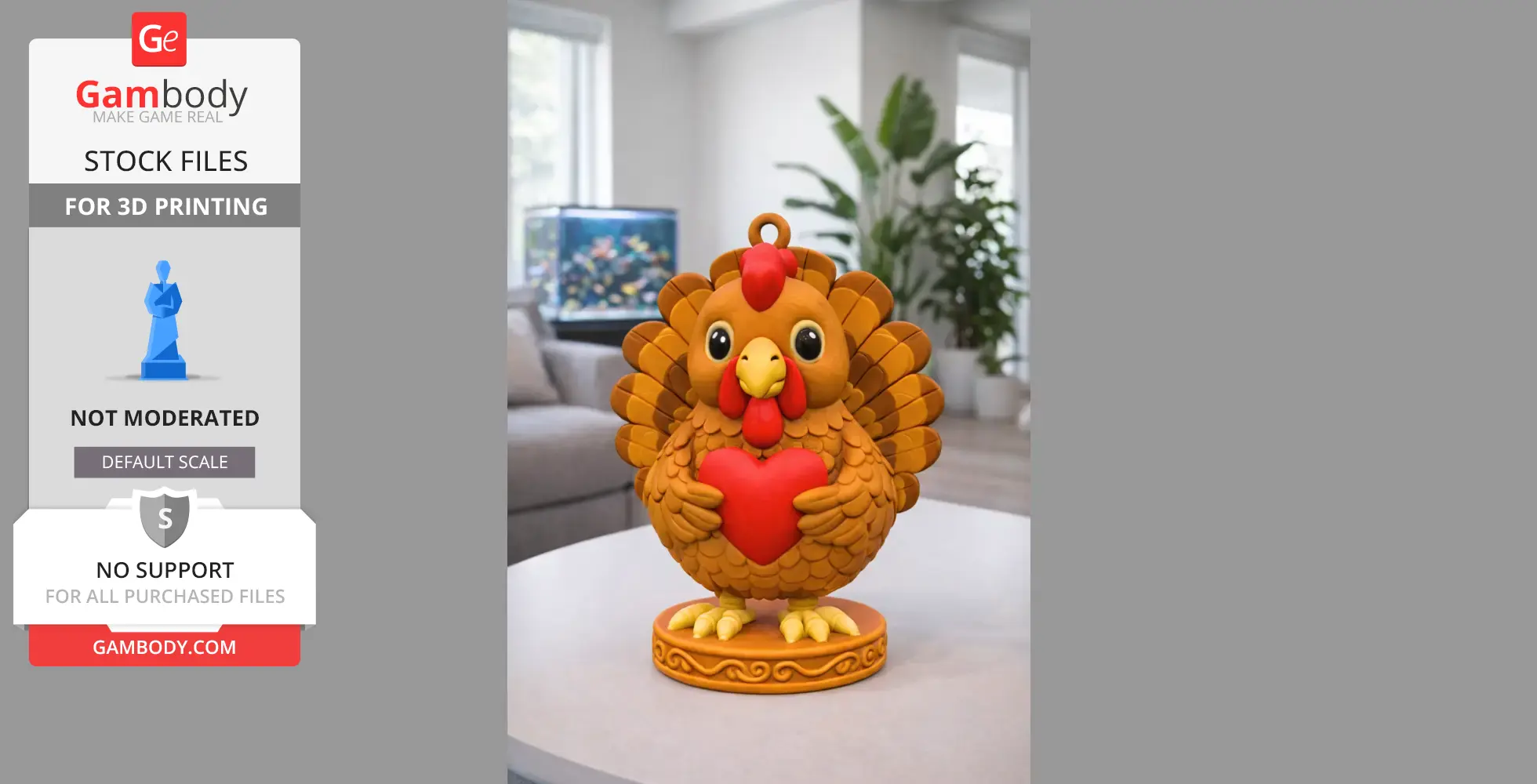A cute turkey figurine holding a red heart, designed for 3D printing.