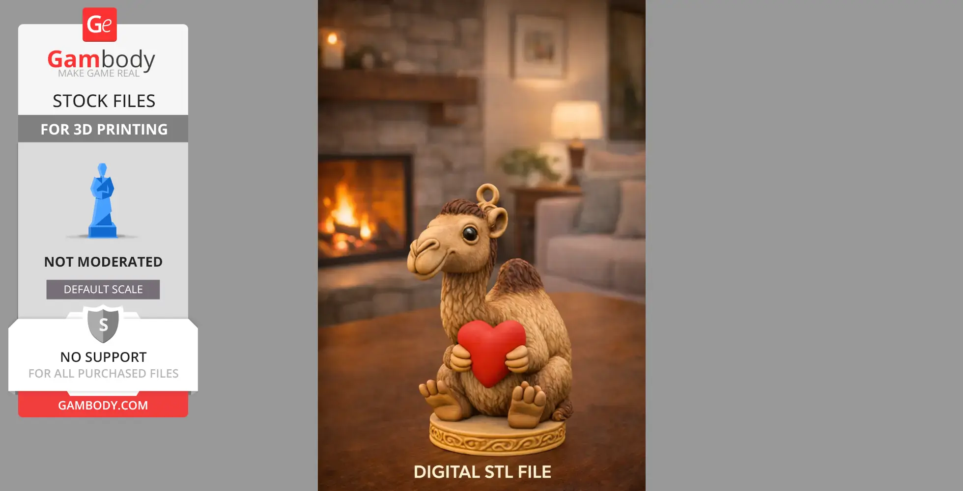 A cute camel figurine holding a red heart, designed for 3D printing.