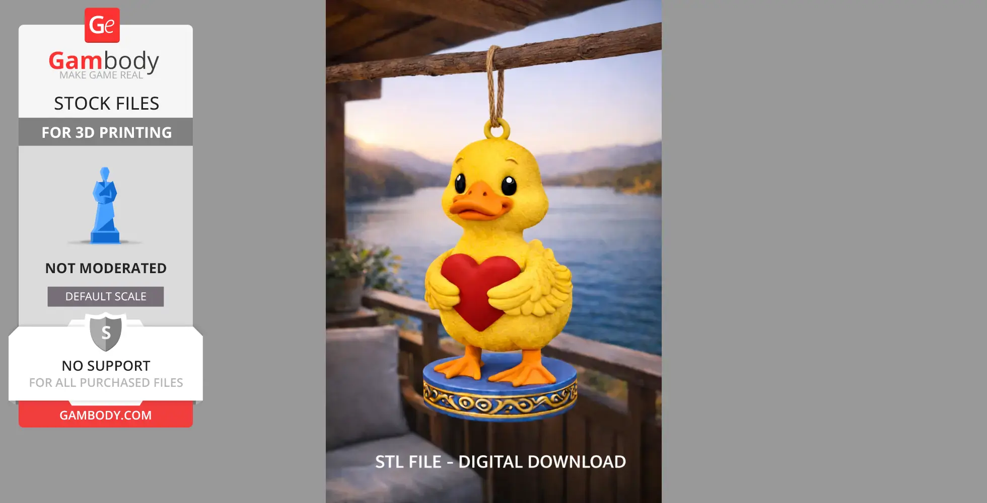 A cute yellow duck holding a red heart, standing on a decorative blue base, with a scenic backdrop.