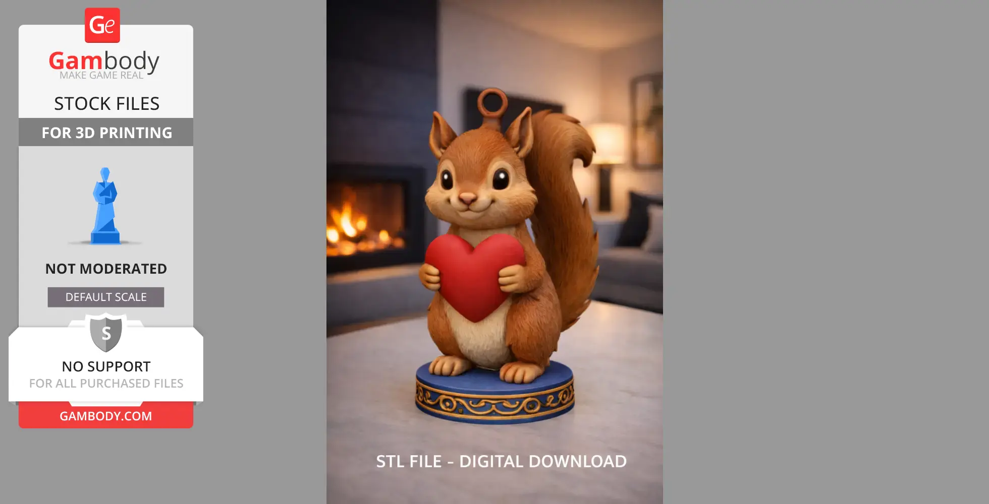 A cute squirrel figurine holding a red heart, standing on a decorative base in a cozy room.