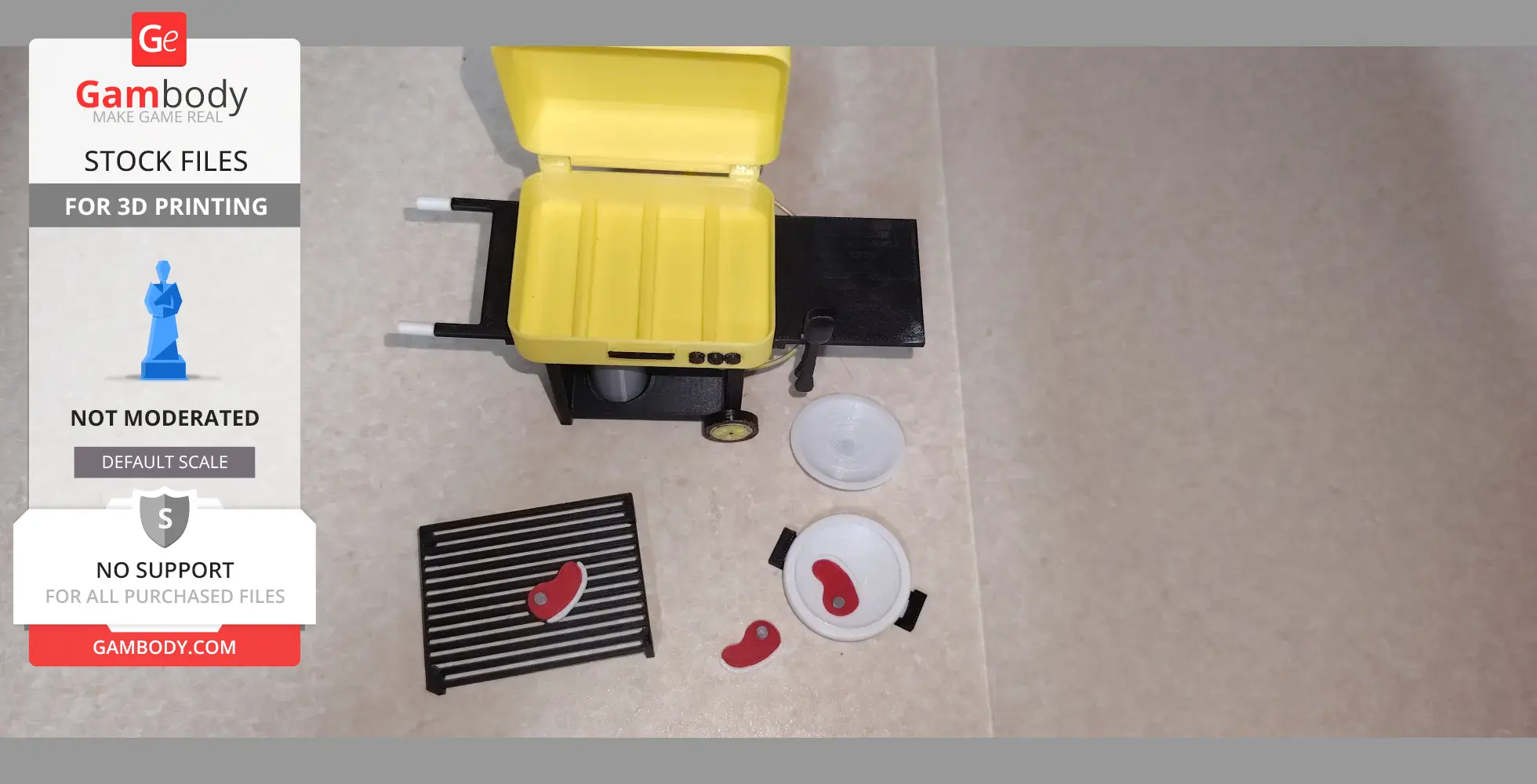 3D model of a yellow barbecue with tools, grill, steak pieces, and a plate.