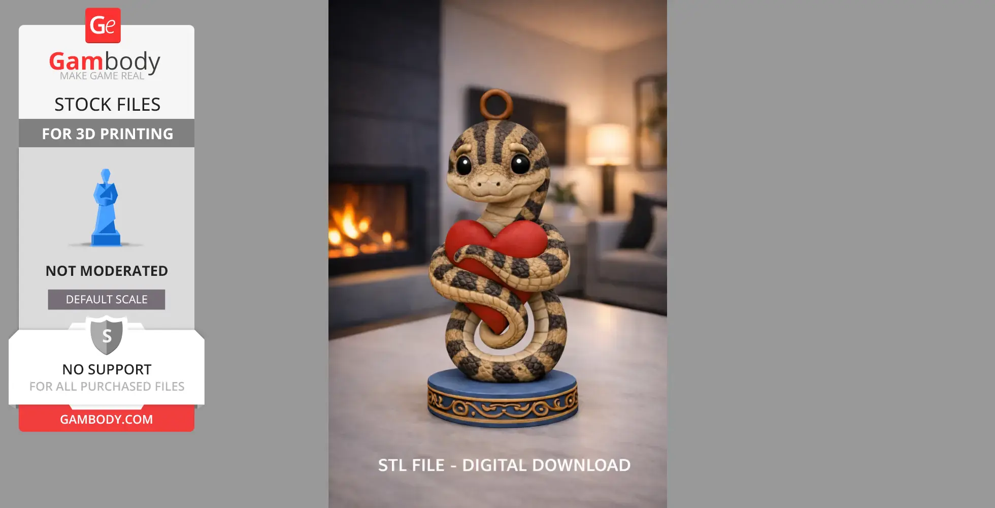 Cute snake figure holding a heart, seated on a decorative base.