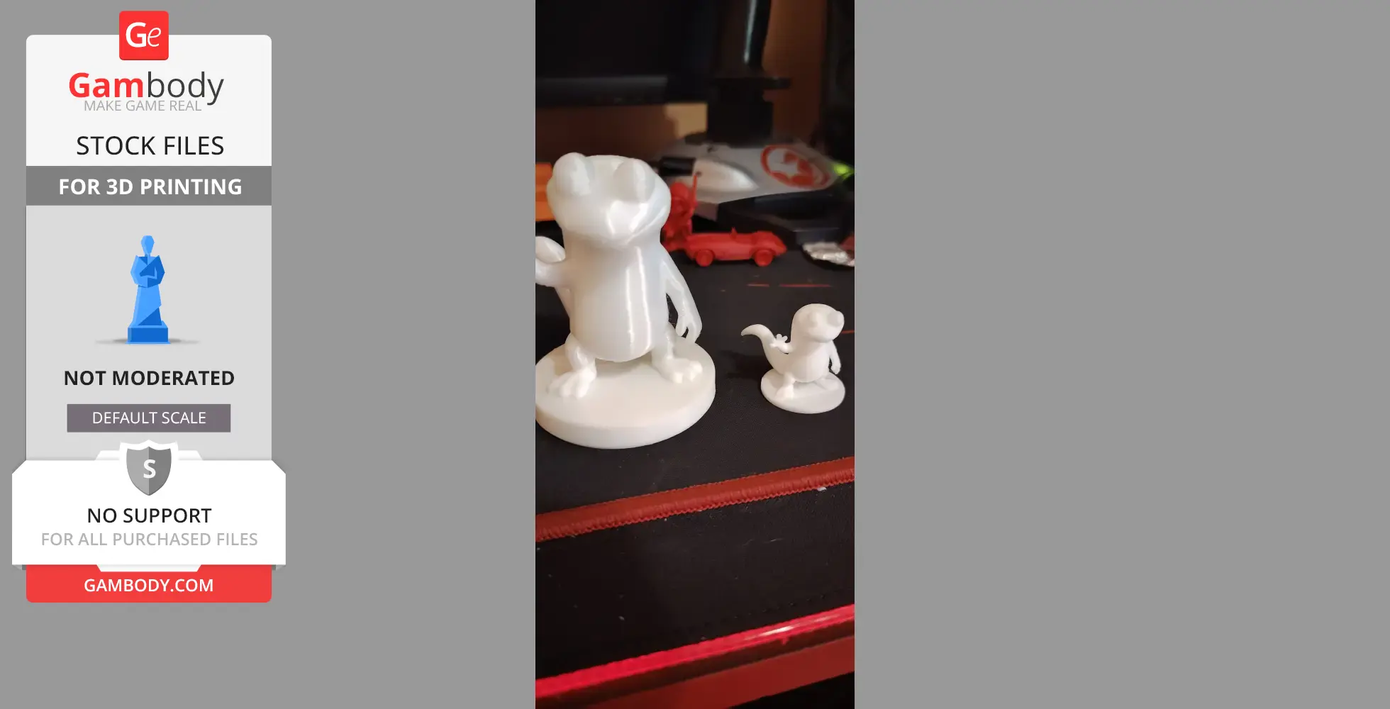 3D-printed white lizard figurines on a desk, one large and one small, with simple features.