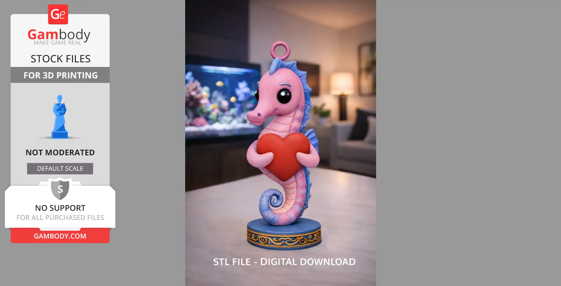 A cute, pink seahorse holding a red heart, standing on a decorative base, designed for 3D printing.