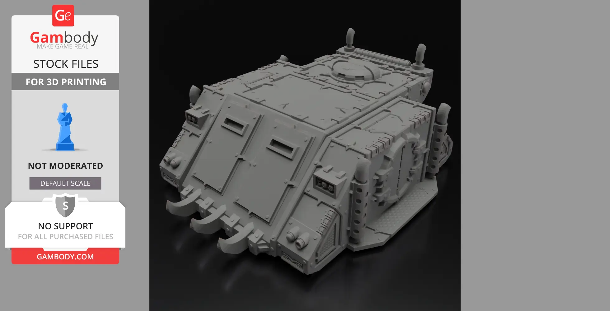 Futuristic armored transport tank model for 3D printing, featuring detailed panels and hatches.