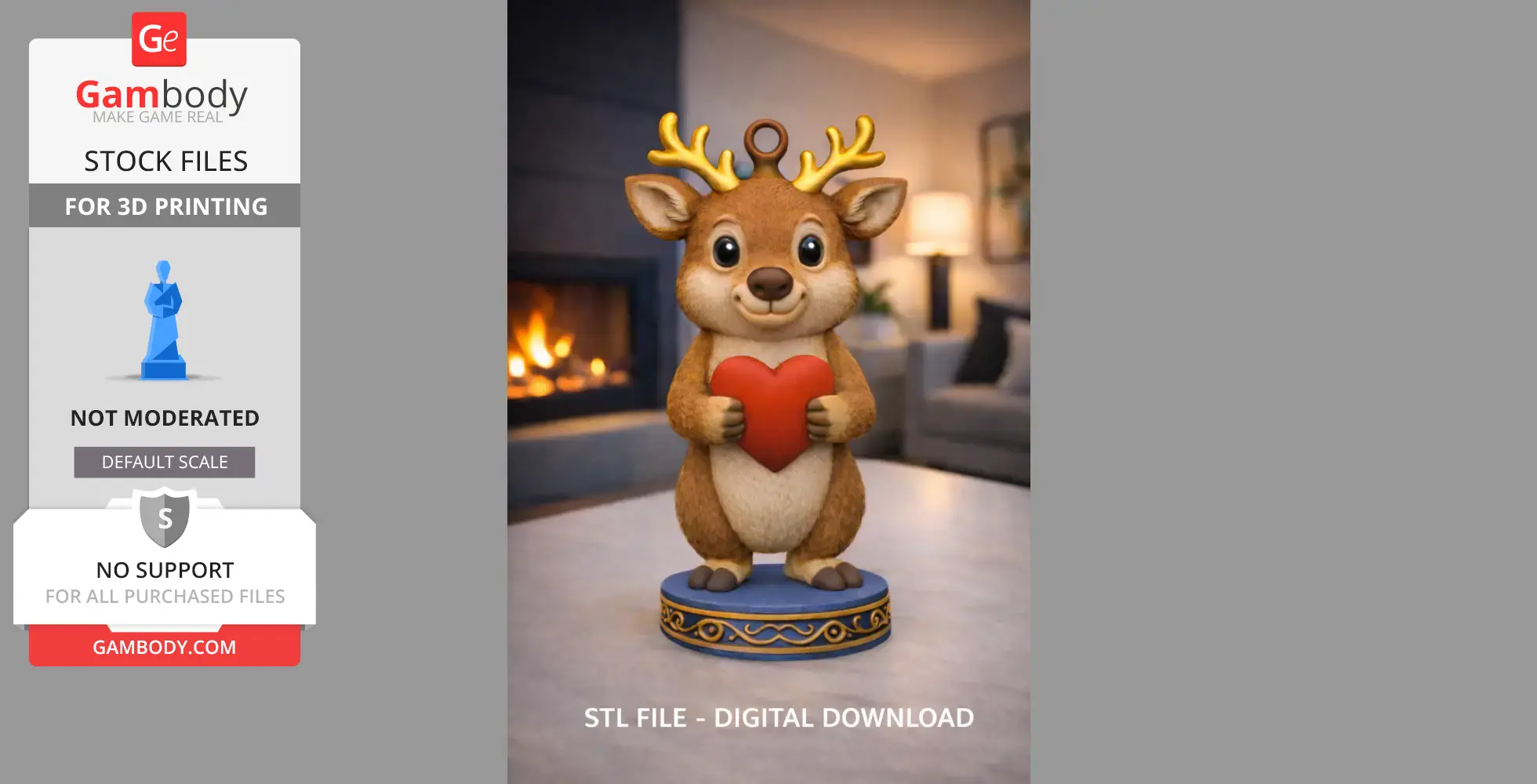 A cute deer figurine holding a red heart, standing on a decorative base.