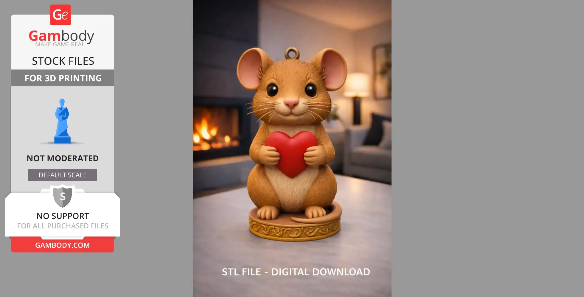 A cute 3D mouse model holding a red heart, ideal for 3D printing.